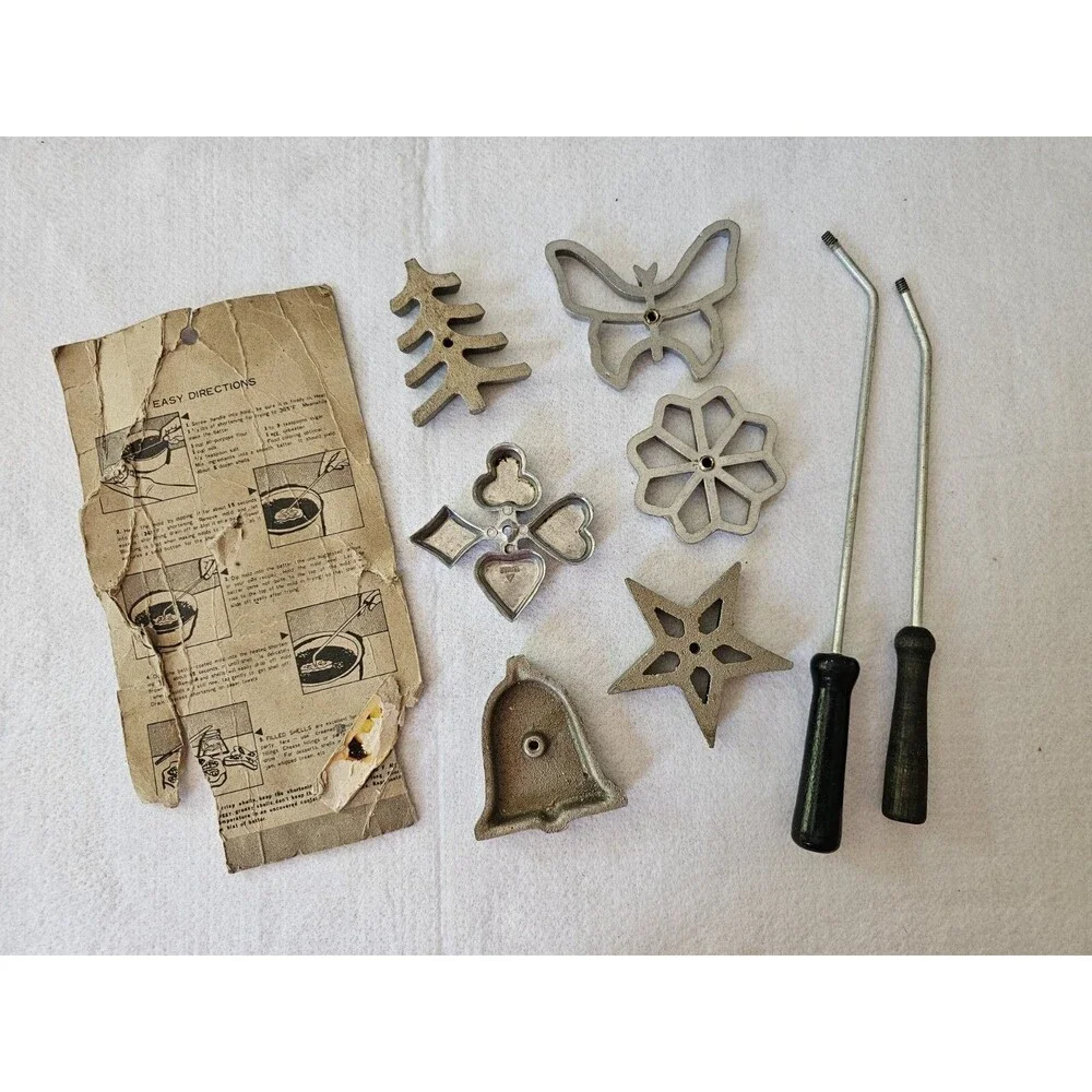 Vintage Rosette Iron Set Patty Shell Timbale Maker 6 Molds Handles Box